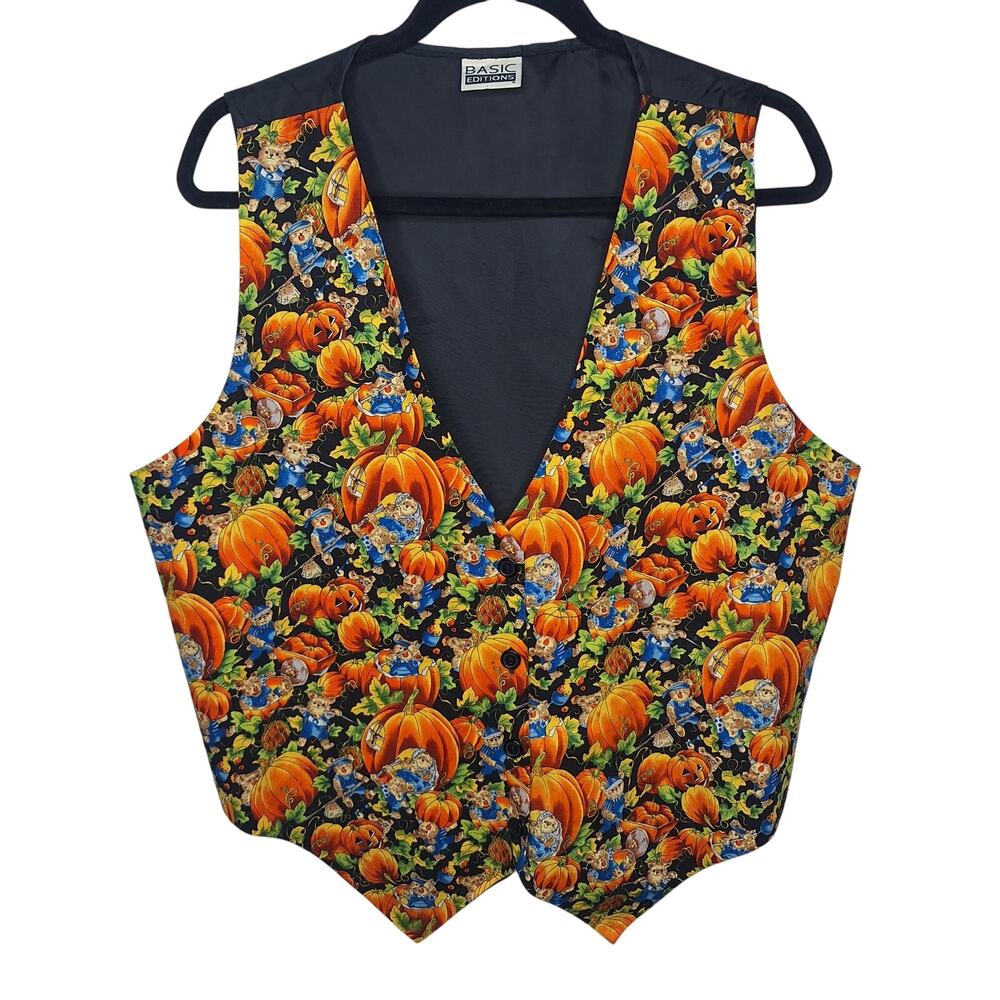 Vintage 80s 90s Fall Halloween Vest Basic Editions Tie Back Pumpkin Teddy Bears